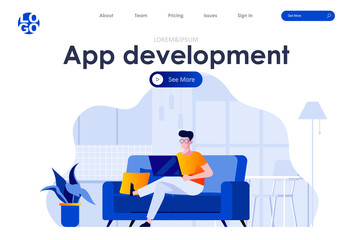 App development flat landing page design. Programmer working at home on sofa scene with header. UI UX usability design, application prototyping, construction and programming. Work process situation.