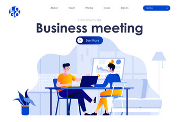 Business meeting flat landing page design. Employees discussing project at workspace in office scene with header. Business meeting with client, conversation between colleagues. Work process situation.