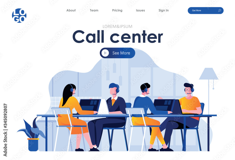 Aufkleber call center flat landing page design. hotline operators with headsets in office scene with header. o