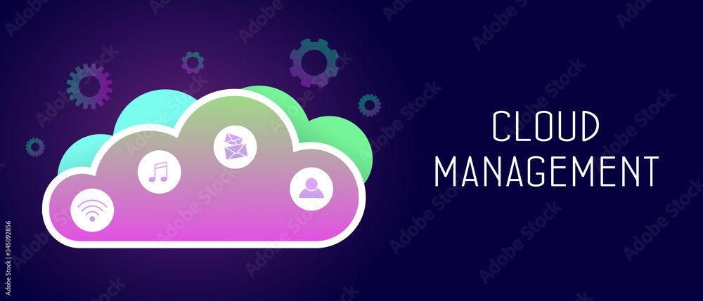 Poster cloud management concept. digital multimedia, wireless network, e-mail messages, music and people. d