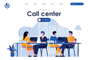 Fototapeta na wymiar Call center flat landing page design. Hotline operators with headsets in office scene with header. Online customer support, telemarketing agency, consultation and assistance. Work process situation.
