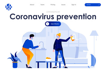 Coronavirus prevention flat landing page design. Man washing hands, woman in medical mask with disinfectant scene with header. Coronavirus protection, hygiene and safety, home quarantine situation.