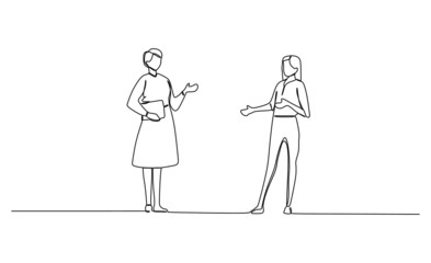 Two standing women talking business. One continuous line drawing vector