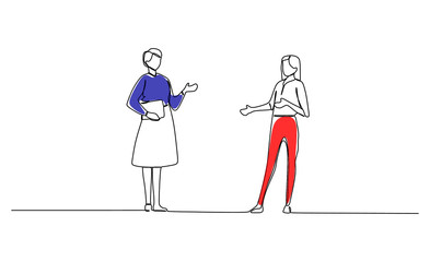 Two women talking business - continuous one line drawing vector in red and blue