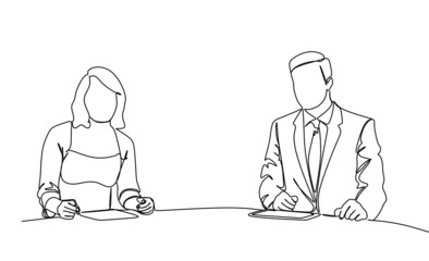 News anchor man an woman presenting the news. Continuous single line drawing.