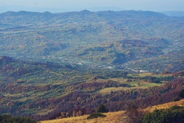 Fototapeta na wymiar scene seen from above in autumn season from the top of mountain with colored and vibrant trees
