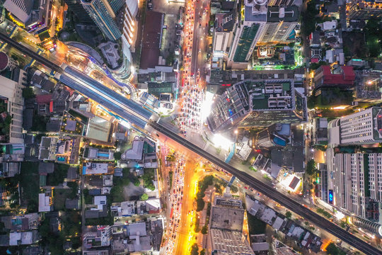 Aerial view of Asoke intersection and sky train station in Bangkok Thailand