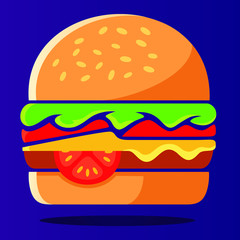 Vector Illustration of burger with cheese, meat, salad isolated on violet background. Tasty hamburger. Fast food. [EPS 10]