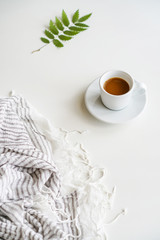 Obraz na płótnie Canvas coffee mug and checkered scarf on the table against white background