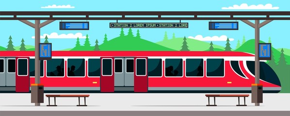 Vector flat illustration of train station and passengers inside © backup_studio