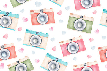 Hand painted pastel color vintage retro cameras and hearts. Watercolor clipart seamless pattern.