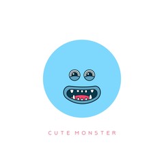Funny Cute Monster. Blue round Face Avatar. Face expression. Happiness emotion. Hand drawn Vector illustration. Cartoon style. Simple flat design for kids. Isolated Icon on white background