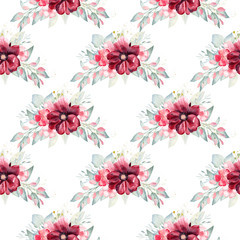 Floral bouquet seamless pattern watercolor clipart. Burgundy flowers and greenery illustration.
