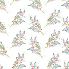 Watercolor floral greenery clipart, seamless pattern paper. Hand drawn illustration.