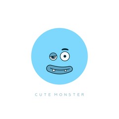 Funny Cute Monster. Blue round Face Avatar. Face expression. Blinking emotion. Hand drawn Vector illustration. Cartoon style. Simple flat design for kids. Isolated Icon on white background
