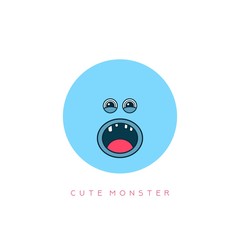 Funny Cute Monster. Blue round Face Avatar. Face expression. Scream emotion. Hand drawn Vector illustration. Cartoon style. Simple flat design for kids. Isolated Icon on white background