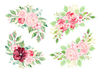 Hand painted floral elements set. Watercolor clipart. Illustration of pink and burgundy flowers and greenery leaves.