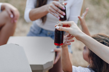 picnic friends with pizza and drinks drinking and eating with cheers, sunny day, sunset, company, fun, couples and mom with baby