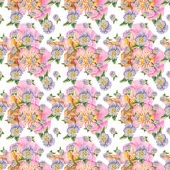 Seamless pattern of watercolor flowers of the viola variety on a white background.