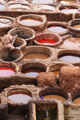 Leather dying in a traditional tannery, Fes, Morocco