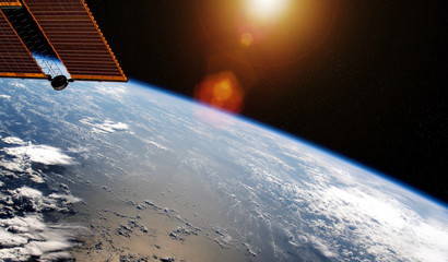View of planet Earth from a space station window during a sunrise 3D rendering elements of this image furnished by NASA