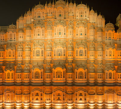 Jaipur, India - December 29 2018: HDR Hawa Mahal with lights on in the evening in Jaipur, Rajasthan, India
