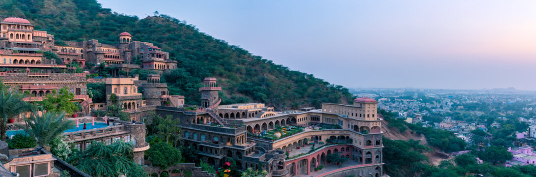 Neemrana, India - November 3 2018: Neemrana Fort Palace panorama in Neemrana Rajasthan India