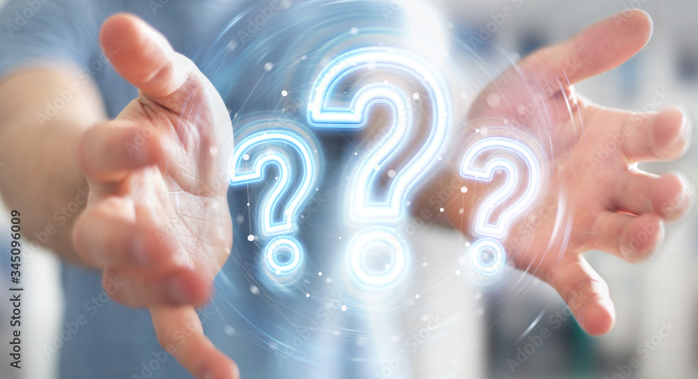 Leinwandbilder Man using digital question marks holographic interface 3D rendering