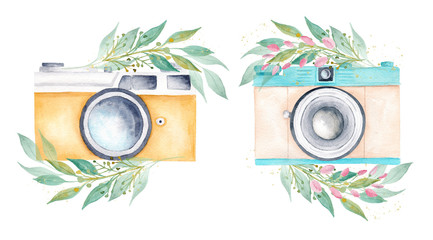 Fototapeta Pastel color watercolor vintage retro cameras and greenery leaves. Hand drawn clipart isolated on white. obraz