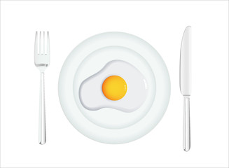 Plate with fried egg fork and knife in background illustration vector