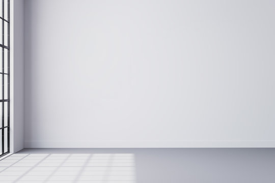 Empty room interior 3D render, white wall and gray floor with big size window, Sunlight 