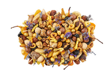 Large pile of different dried fruits and nuts isolated on a white background
