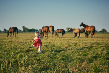 Little girl in red dress in a field with horses.