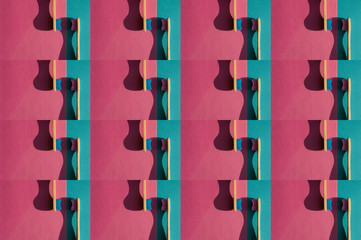 Collage of natural cyan and magenta bamboo toothbrushes on colorful background. Abstact design. Plastic free essentials teeth care. Trendy concept lifestyle pattern. Positive background