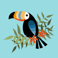 Cute tropical bird Toucan, and palm leaves, hibiscus, on turquoise color background. Vector illustration. © Regina