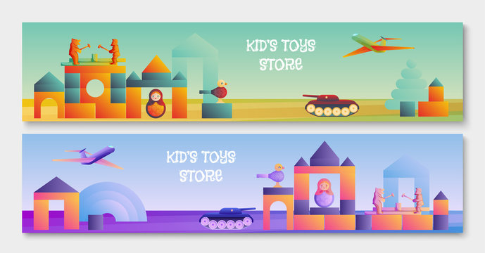 Banner for a children's toy store. Illustration of traditional russian toys