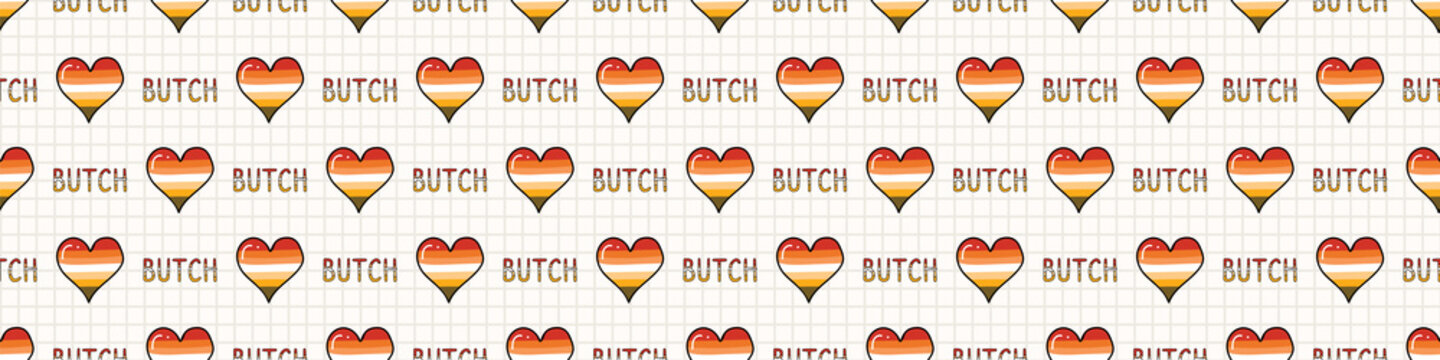 Cute butch lesbian heart with text cartoon seamless vector border. Hand drawn isolated pride for LGBTQ blog. Gay love on stripe background all over print. Masculine female community tolerance tile. 