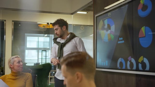 Through glass wall tracking shot of business team discussing financial results during meeting in boardroom. Young man presenting and explaining data analysis on digital screen