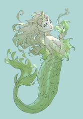Fantasy graphic illustration of a cute and beautiful cartoon mermaid swimming with a magic flower in her hand