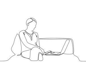 One a women with short hair cut is working using laptop on the sofa. Line drawn vector of