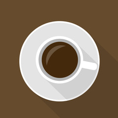 Flat design illustration of a cup of coffee or hot chocolate with a saucer on a brown table. Top view and space for text, vector