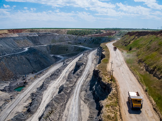 Mining truck, special equipment for working in quarries, aerial view