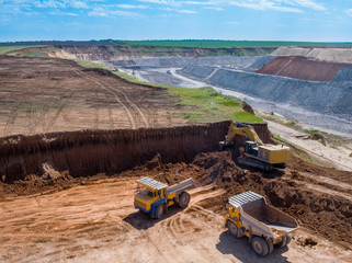 Big quarry, stone mining, equipment for working in quarries, aerial view.