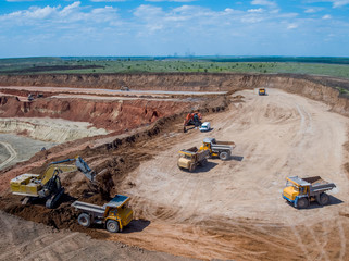 Big quarry, stone mining, equipment for working in quarries, aerial view.