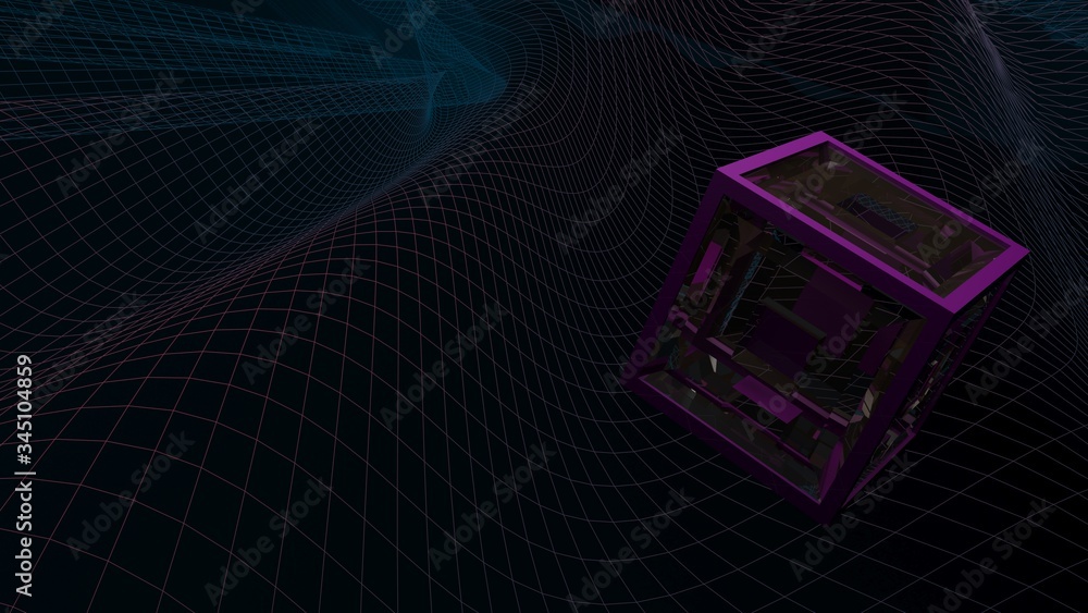 Poster purple cubic structure rotating over a colorful waving grid - 3d rendering illustration
