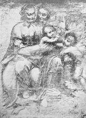 Sketch of Virgin and child with St. Anne and St. John by Leonardo Da Vinci in a vintage book Leonard de Vinci, author A. Rosenberg, 1898, Leipzig