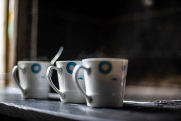 Smoking coffee cups on Indian kitchen. Indian lifestyle