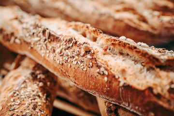 Freshly baked french baguette at the bakery