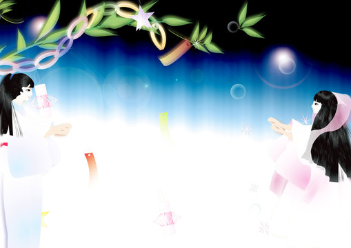 七夕の笹飾りと織姫に彦星出会いの天の川のイラスト横スタイル背景素材