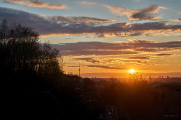 Sunset over the Vilnius city. TV tower is visible as well. 